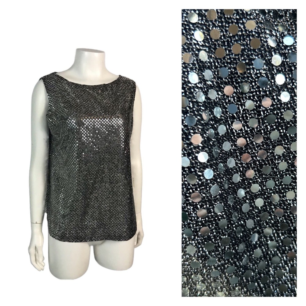 1990s Disco Silver Metallic Mirrored Sleeveless Blouse Top / Women's Medium *